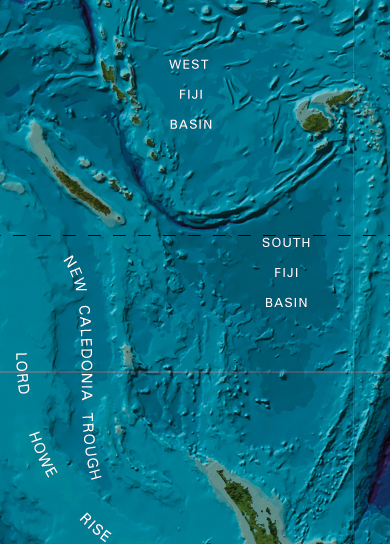 New Hebrides Trench, North and South Fiji Basins and the New Caledonia Trough